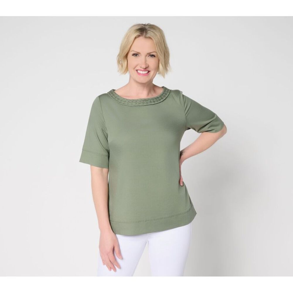 Susan Graver Women's Top Plus Sz 3X Chambray Bateau Neck Green
